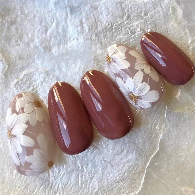 24Pcs/Box Fake Nails Almond Press on Nails for Women Bride With White Flower Designs Artificial Nail Tips Full Cover False Nails
