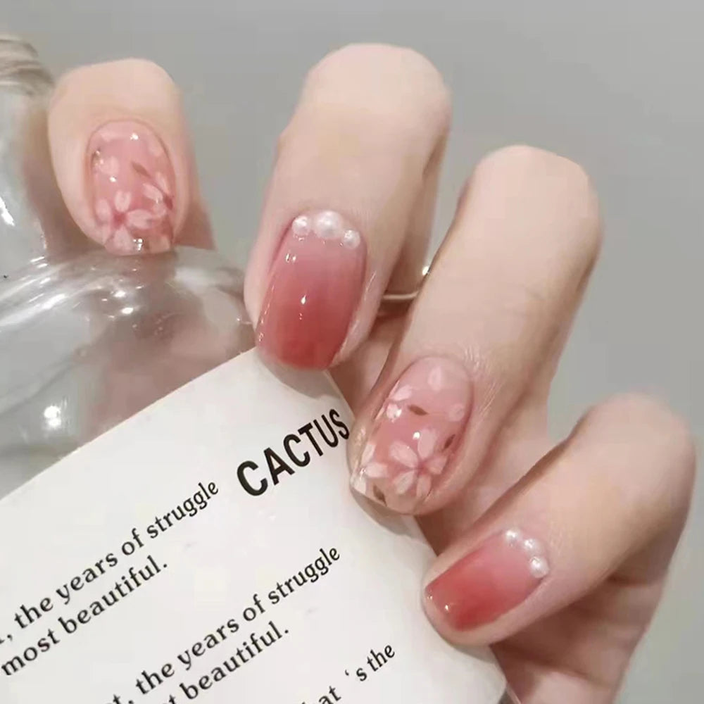 24Pcs/Box Fake Nails Almond Press on Nails for Women Bride With White Flower Designs Artificial Nail Tips Full Cover False Nails